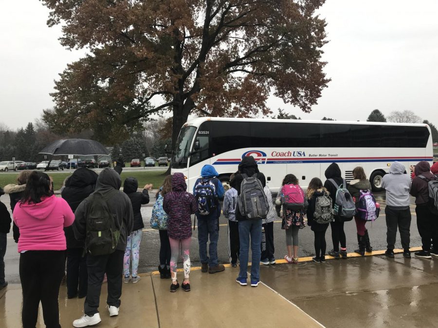 Freedom Middle School students cheer on the Girls Soccer team as they leave for the state championship game in Hershey, Pa on Friday, Nov. 16.