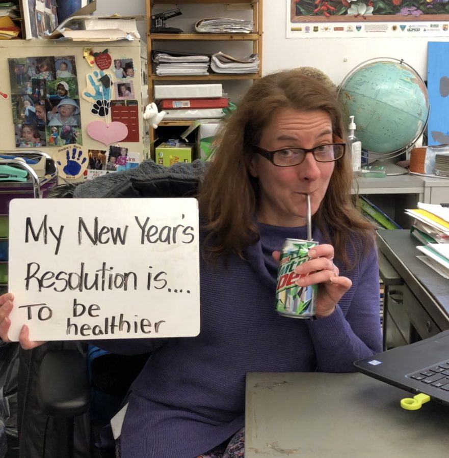 Ms. Ging, sixth grade math and science teacher, with her Diet Mountain Dew and New Years resolution on Jan. 16 to start off the new year.