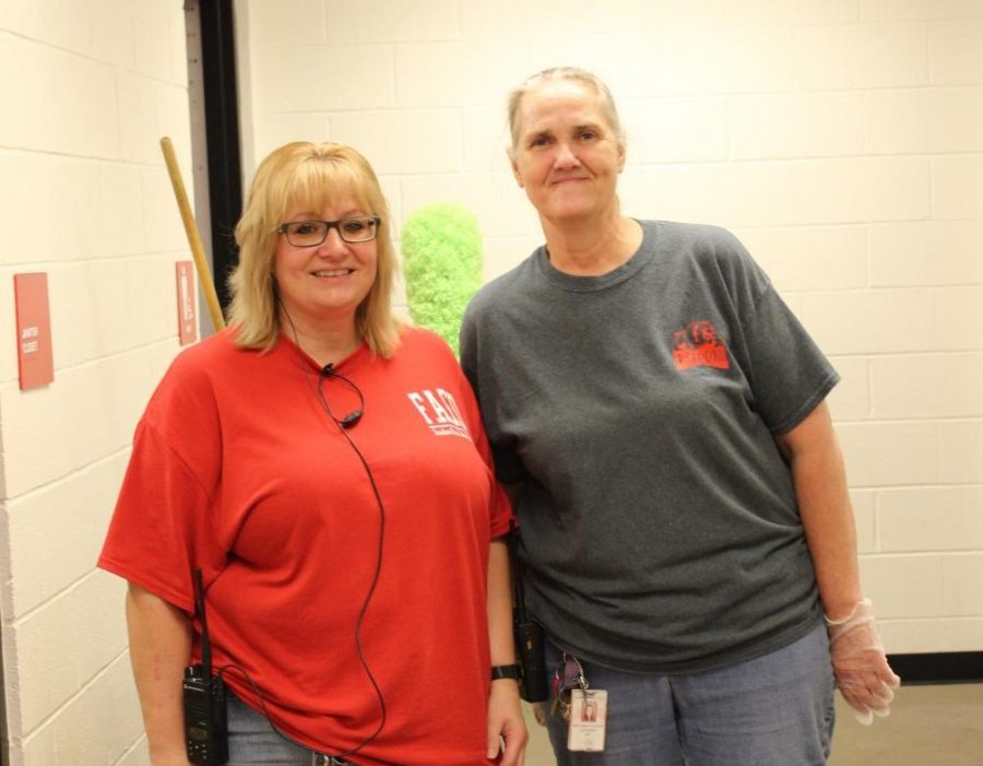 Ms. Blinn and  Ms. Nancey getting ready to clean the elementary.