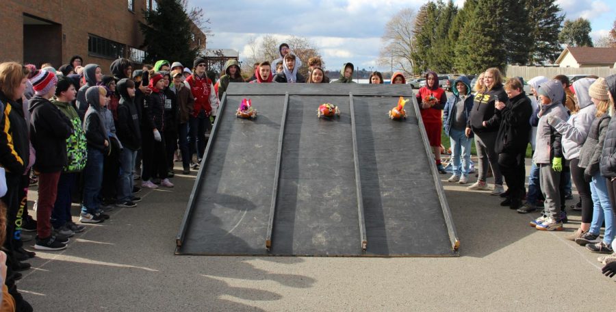 The students race their pumpkin derby cars against each other on the third and final day of Fall Fest
