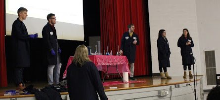 Kristy Sturgess and her team of Pitt graduates give chemistry presentation to the sixth grade.