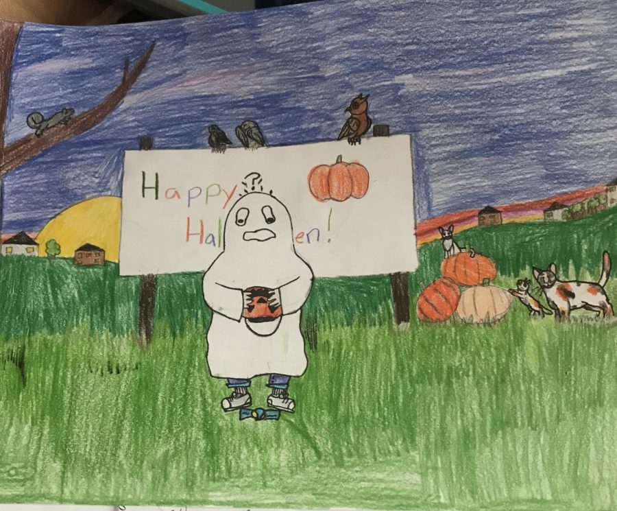 Drawing of a kid dressed as a ghost, emptying out his bucket, only to find one piece of candy. 