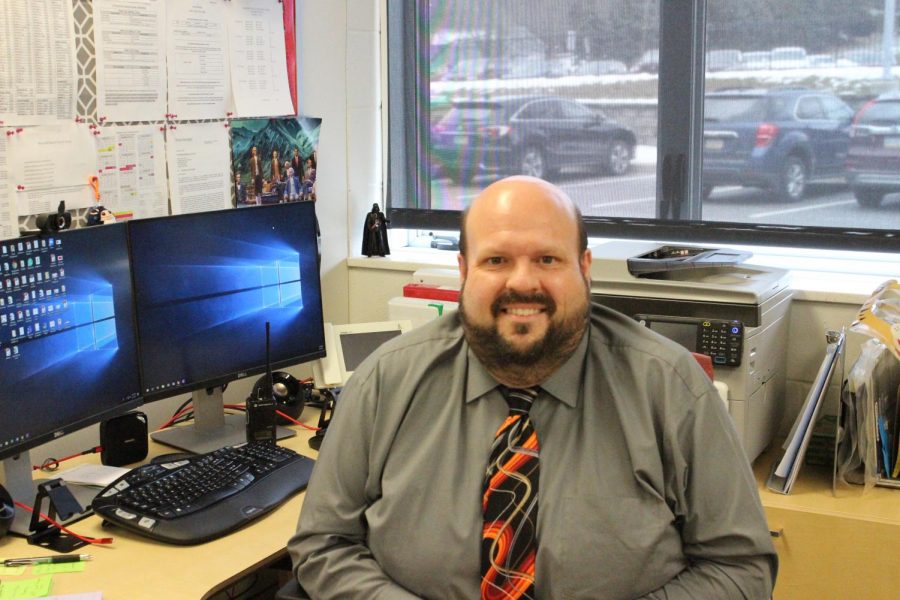 Mr. Capehart works hard at his desk after taking a position as elementary principal.  On Tuesday, February 23rd.