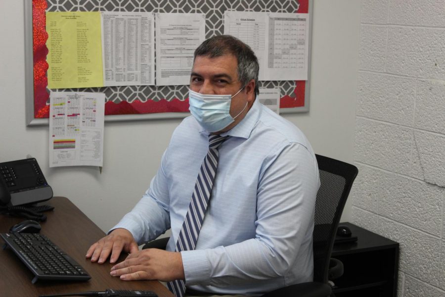 Mr. Griffith sits working in his new office on April 26.