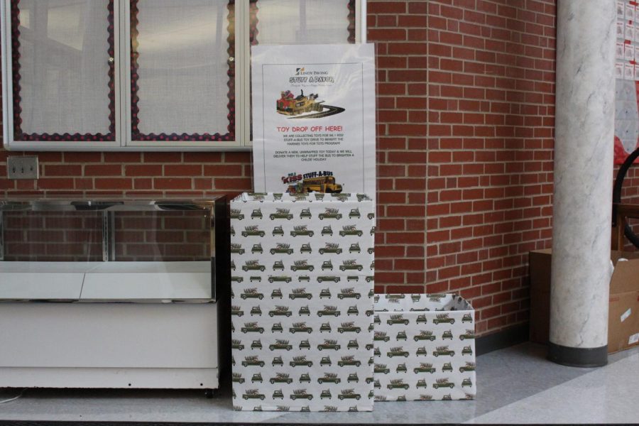 Toy Drive boxes in the lobby by the office ready to be filled with toys for the toy drive. 