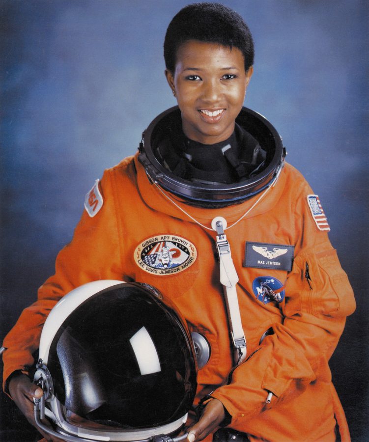 Posing in her space suit and helmet, Mae Jemison is crowned the first Black woman in space.

