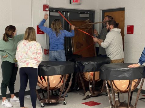  Teachers practicing A.L.I.C.E training in the band room before the drill on the in-service day, Oct. 10. 
