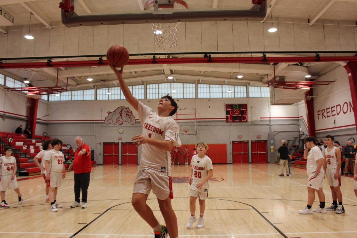 This picture shows Brett Casto shooting a layup during warmups before the Freedom vs Fort Cherry game on Dec. 14. 
