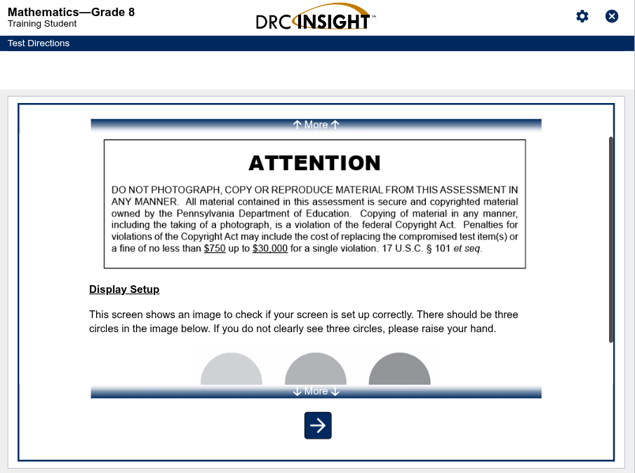 An example of the Firefly 8th-grade mathematics practice test found at https://web-td.drcedirect.com/PA/#retrieve-form/0 
