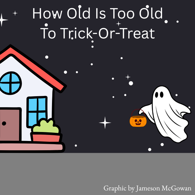 Illustration of a person in a ghost costume trick-or-treating