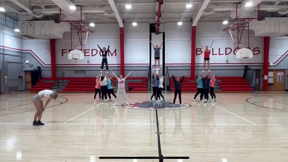 Cheerleaders practicing their routine for halftime at practice on Nov. 17.