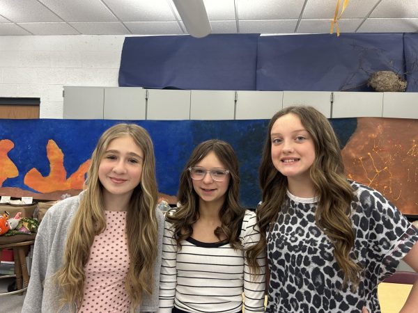 This photo, taken on April 23, 2026, is of students Sara Houy (6), Penelope Stroupe (6), and MacKinley O’Donnell (6) wearing well-presented outfits to school.